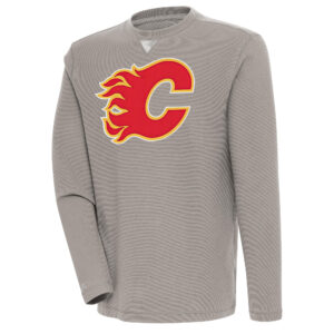 Men's Antigua Oatmeal Calgary Flames Flier Bunker Tri-Blend Pullover Sweatshirt